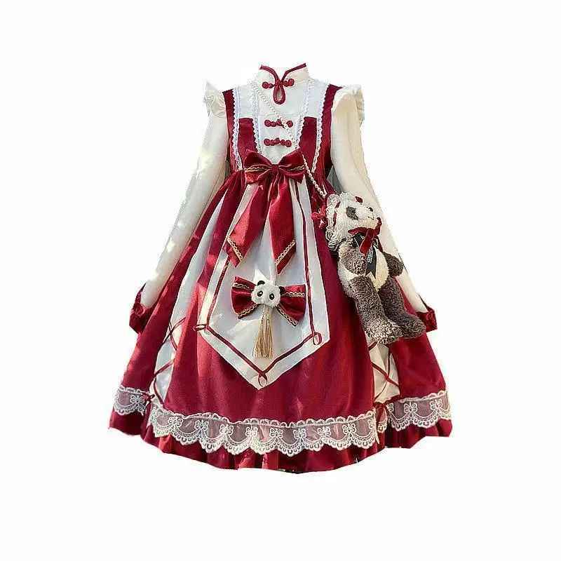 Saia Lolita estilo chinês com manga comprida Panda, vestido Lolita vermelho op, novo