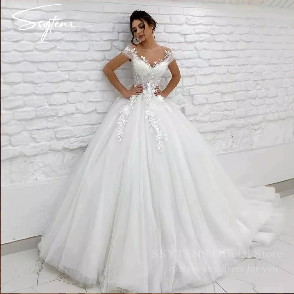 

SSYTENS Customized Elegant Off The Shoulder Wedding Dress For Women Lace Applique Tulle Bridal Gown V Neck A-line Robe De Mariée