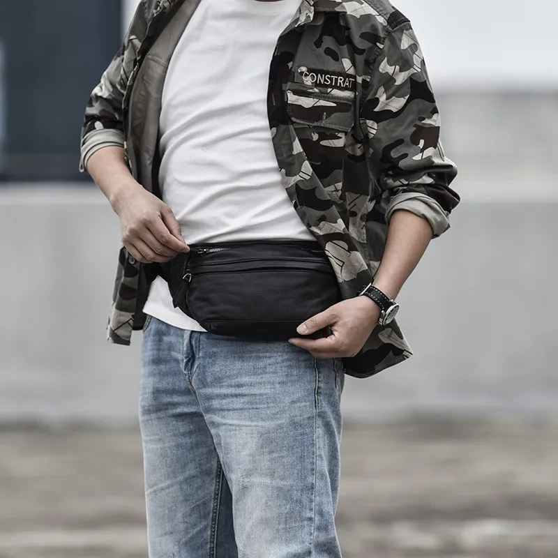 Fashionable multifunctional outdoor natural genuine leather men chest bag waist bag youth chest cowhide bag black small satchel
