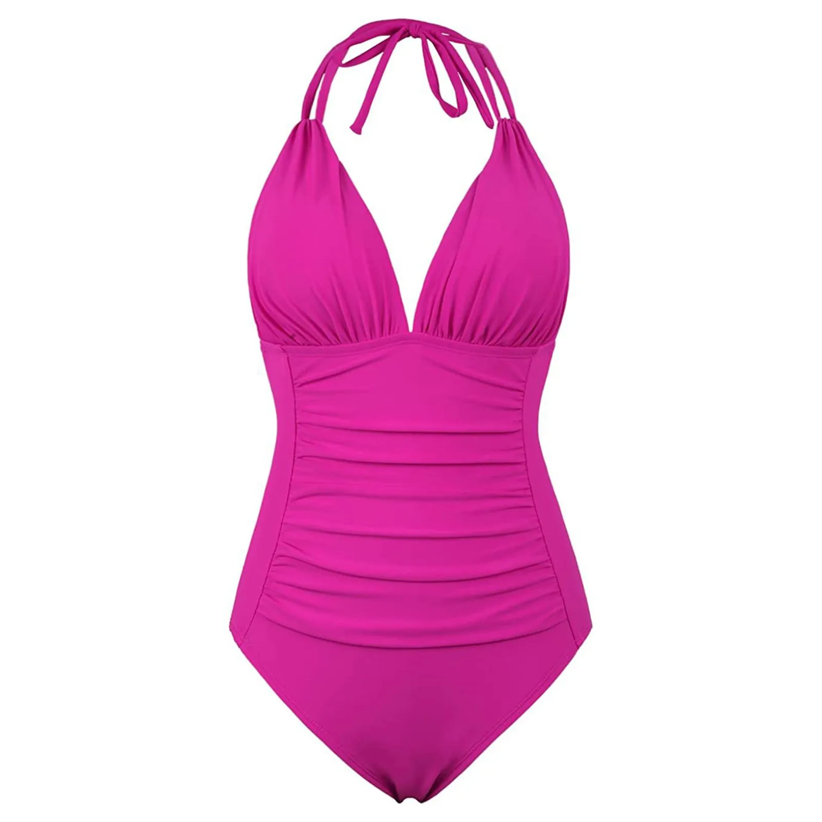 One piece Swimsuit 2023 women Solid pleated One piece swimsuit Halter V neck one piece swimsuit Bathing suit  bikini mujer