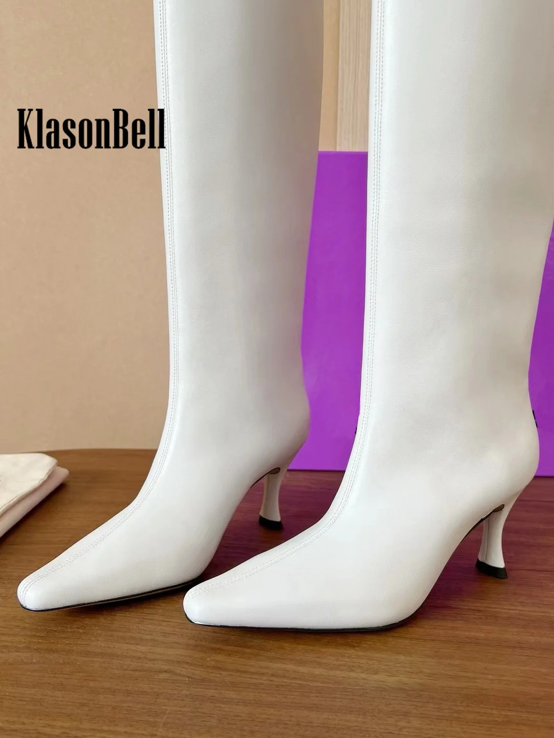 9.21 KlasonBell Genuine Leather High Band Boots For Women Thin Mid Heels Sewing Pointed Toe Modern Boots