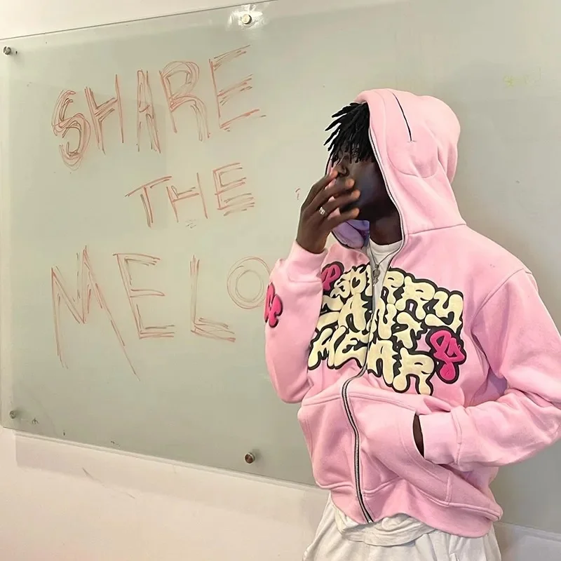 Y2K Hip Hop Men Hoodies Streetwear Letter Print Long Sleeve Full Zipper Sweatshirts Retro Oversized Pocket Women Jackets Clothes
