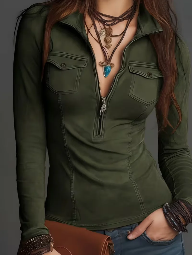 Women's Slim Fit Lapel Shirt, Multi-Color Zipper Closure, Cargo Pockets, Waist Cinching, Fashion Sexy Top for Dating and Commute view 5