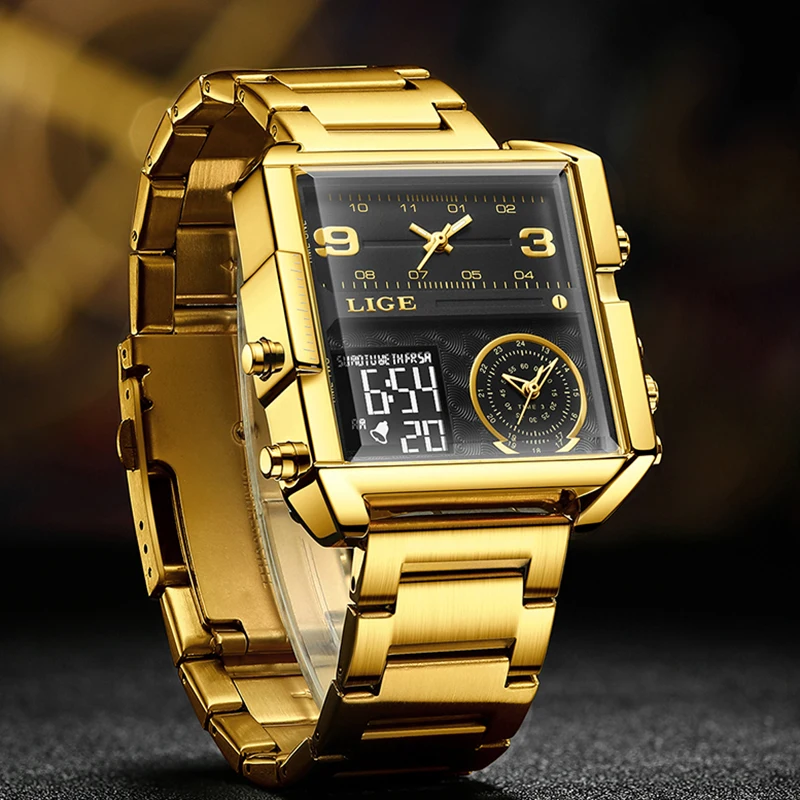 LIGE New Top Brand Luxury Fashion Men Watches Gold Steel Sports Square Digital Analog Big Quartz Watch for Man relogio masculino