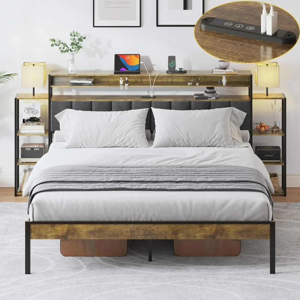 Bed Frame with Storage Bookcase Shelves Velvet Upholstered Platform Bed with LED Lights and 2 USB Ports Dark Gray Bed Frames