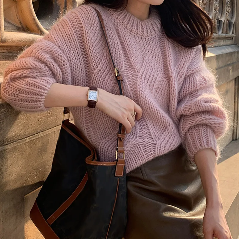 

Autumn Winter New Style Korean Version Loose Fit Trendy Women's round Neck Knitted Sweater Pure Color Big Twist Coarse Needle