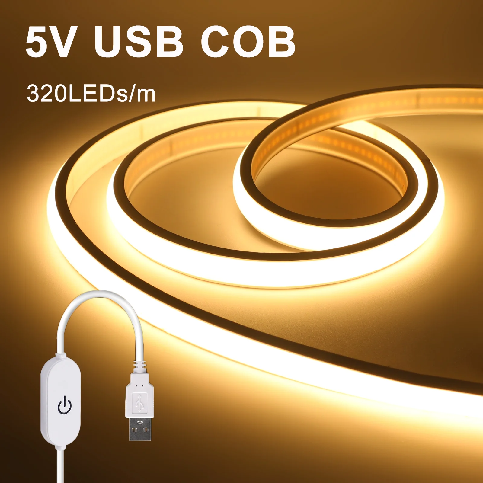 Dimmable COB LED Strip Neon Light 5V USB Flexible Adhesive Tape with ON OFF Switch 320LEDs/m Waterproof LED Light for Room Decor