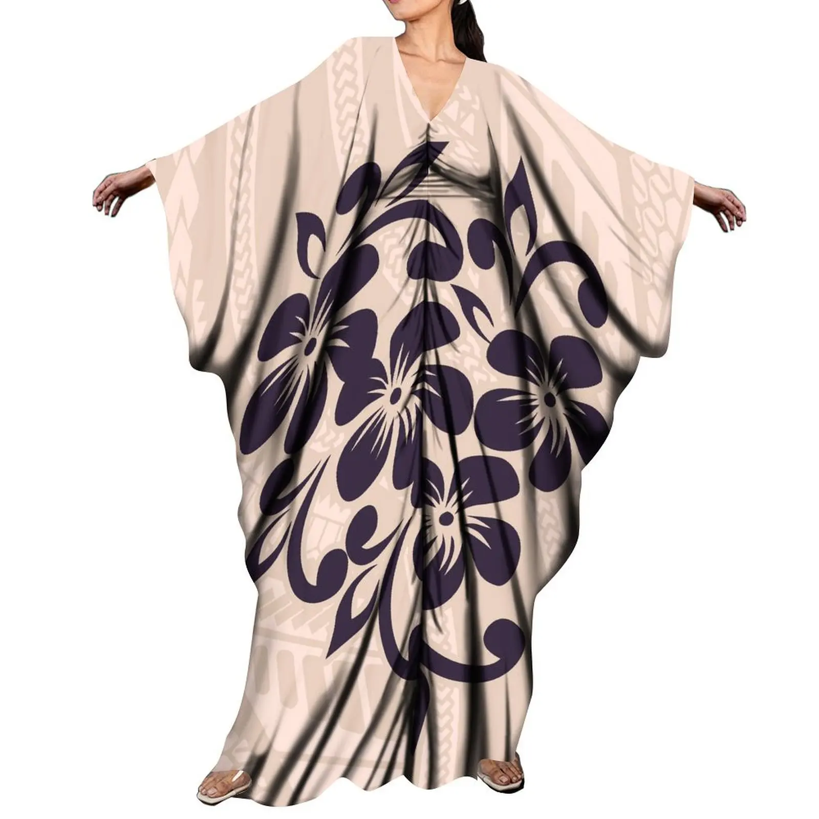 Custom Women'S Long-Sleeved Dress Polynesian Tribe Designed Dinner Party Bat-Sleeved Floor-Length Dress