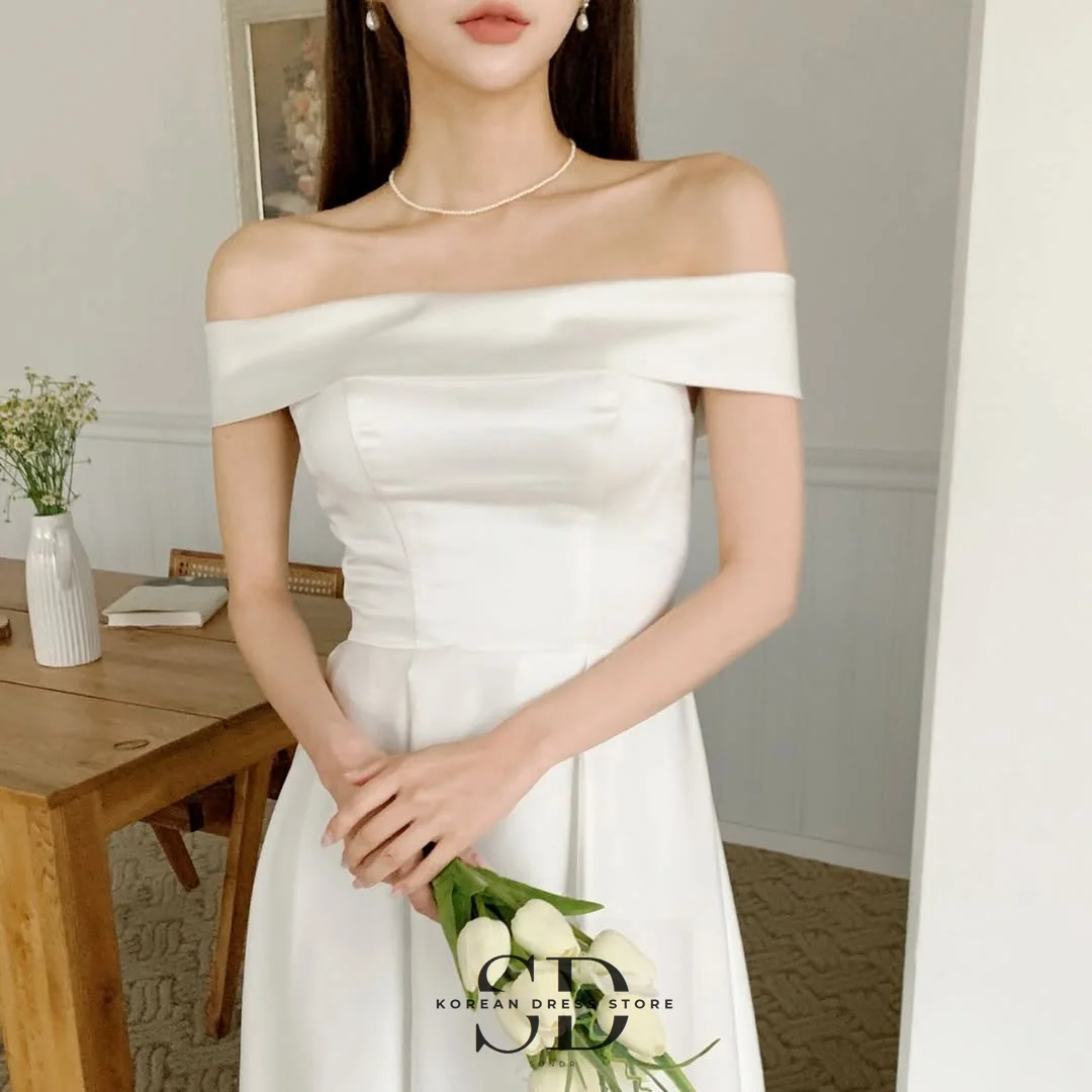 Sondr Boat Neck Korean Evening Party Dresses Customized Satin Simple Wedding Snap Dress Elegant Prom Dress Bridal Reception Gown