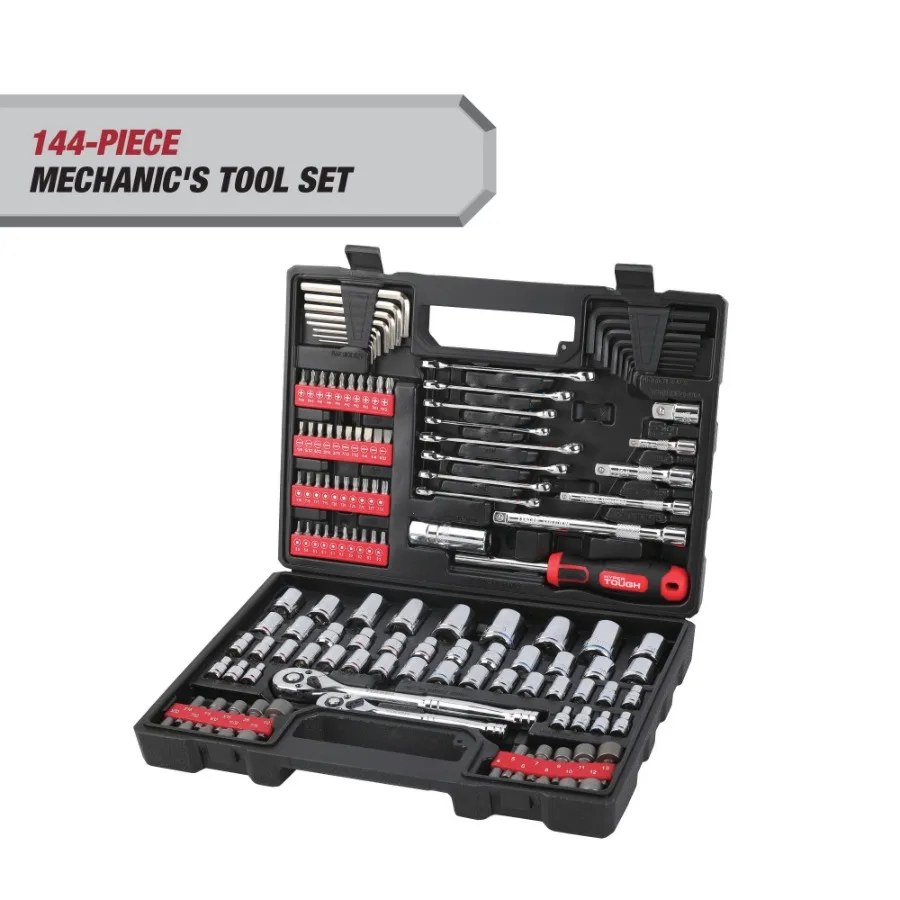 

144-Piece 1/4 3/8 and 1/2-Inch Drive Mechanics Tool Set with Chrome Finish for Automotive Repair Home Maintenance and Industria