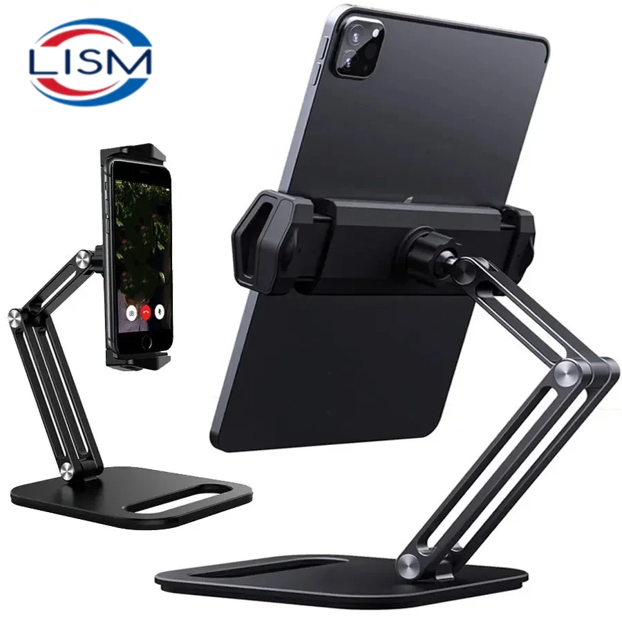 Long Arm Aluminum Alloy Tablet Stand Adjustable Folding iPad Stand Ergonomic 360°Rotatable Tablet and Phone Clamp Mount Holder