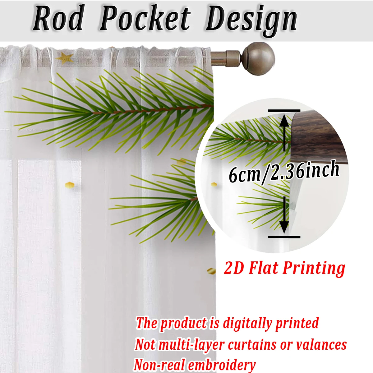 ستارة شفافة للمطبخ بطباعة مسطحة لعيد الميلاد مع فرع الصنوبر لتزيين عيد الميلاد المجيد لحفلات ديكور المنزل