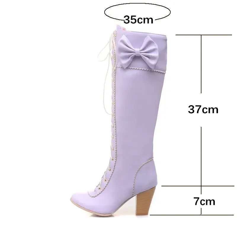 Autumn Winter Lolita Knee High Boots Sweet Women PU Leather Long Booties Round Toe Block Heels Bowtie Lace Up JK Uniform Party