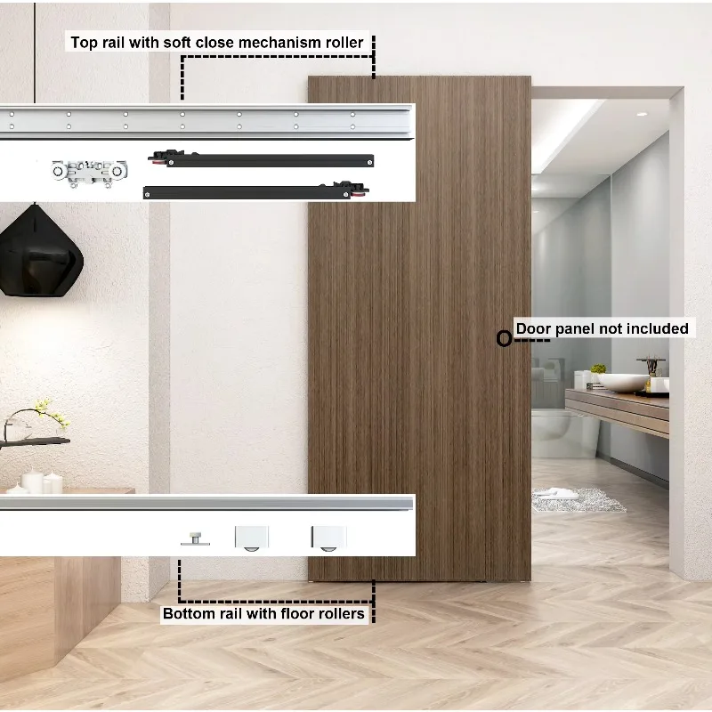 Concealed Soft Close Barn Door Hardware, Floating Back Hidden Sliding Rail No Floor Rail Wall Mount Interior Door