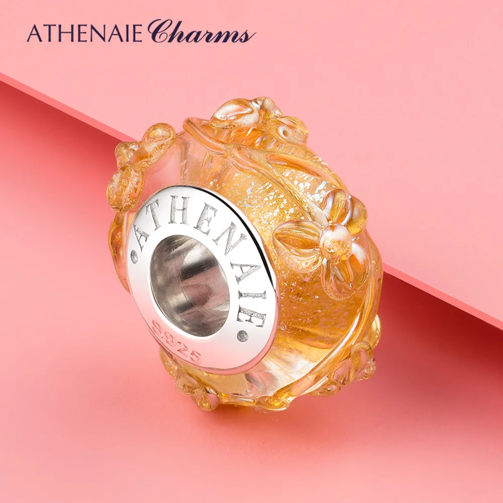 ATHENAIE Golden Blossom Murano Glass Charm Bead 925 Sterling Silver Core Handmade Authentic Jewelry Gift Fits European Bracelet