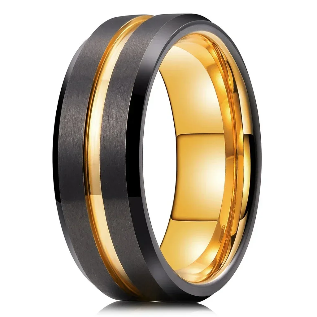Trendy Men's 8mm Black Tungsten Wedding Band Rings Black Blue Gold Groove Beveled Edge Stainless Steel Engagement Rings For Men
