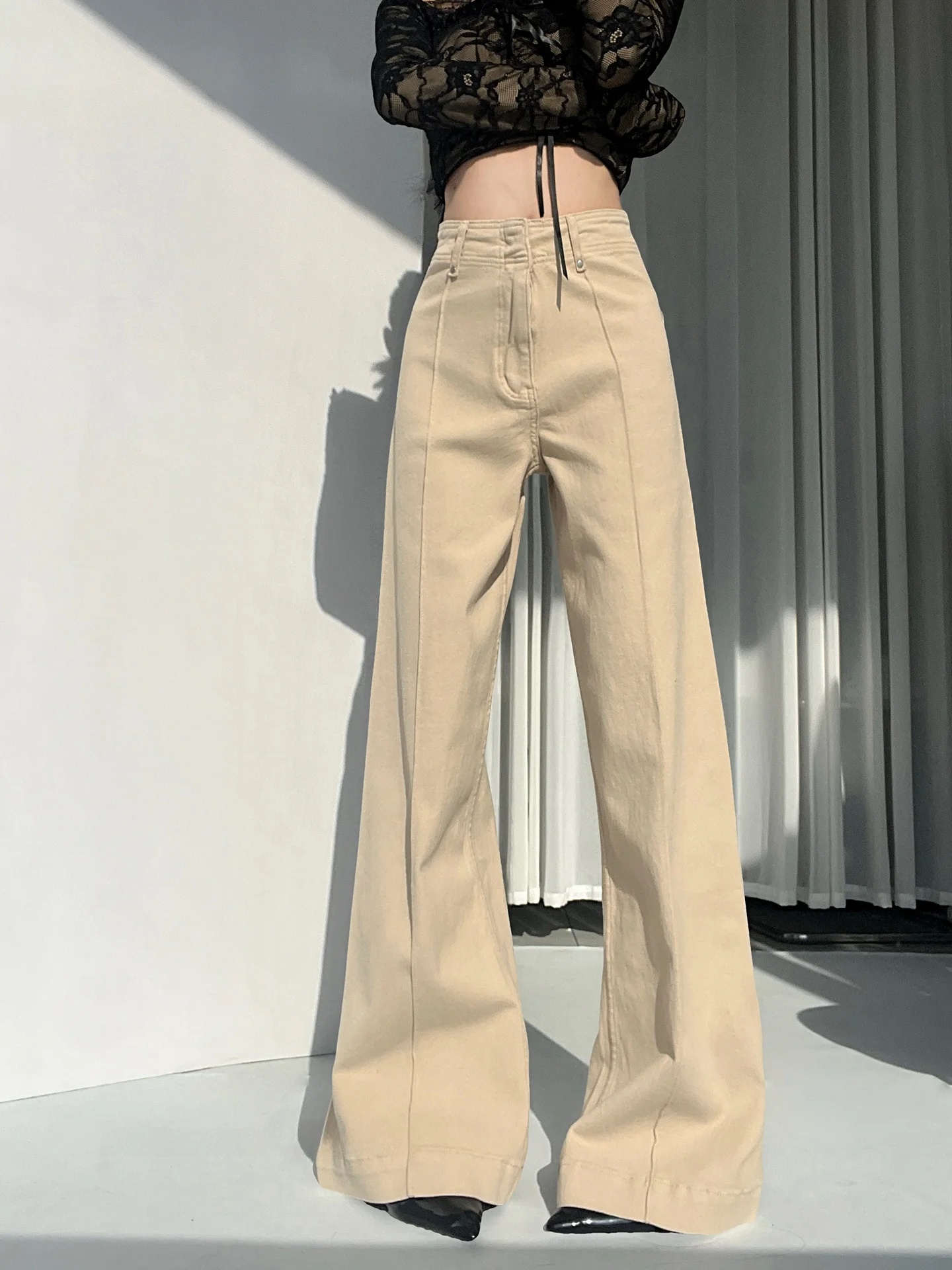 

Khaki Wide Leg Loose Jeans Women's Spring Summer Splicing High Street Banana Straight Tube Floor-Length Pants