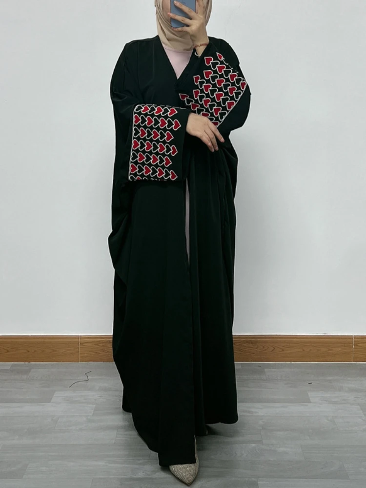 Love Heart Embroidery Muslim Abaya for Women Eid Dress Morocco Ramadan Black Abayas Kaftan Islam Cardigan Dubai Arab Long Robe