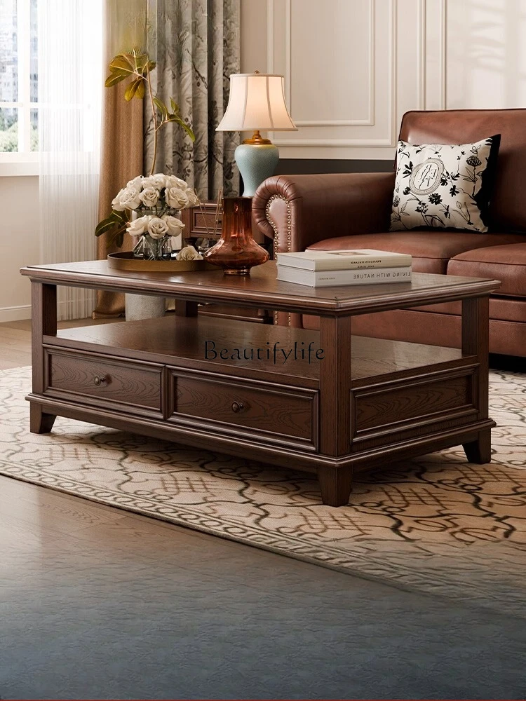 

American coffee table rural solid wood living room household small apartment retro double-layer coffee table