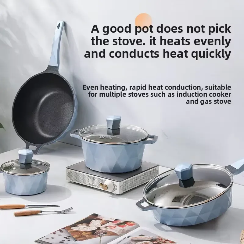 Aluminum Cookware Set 4pcs Nonstick Blue Saucepan Soup Pot Frypan Wok with Heat-Resistant Handles Induction for Kitchen