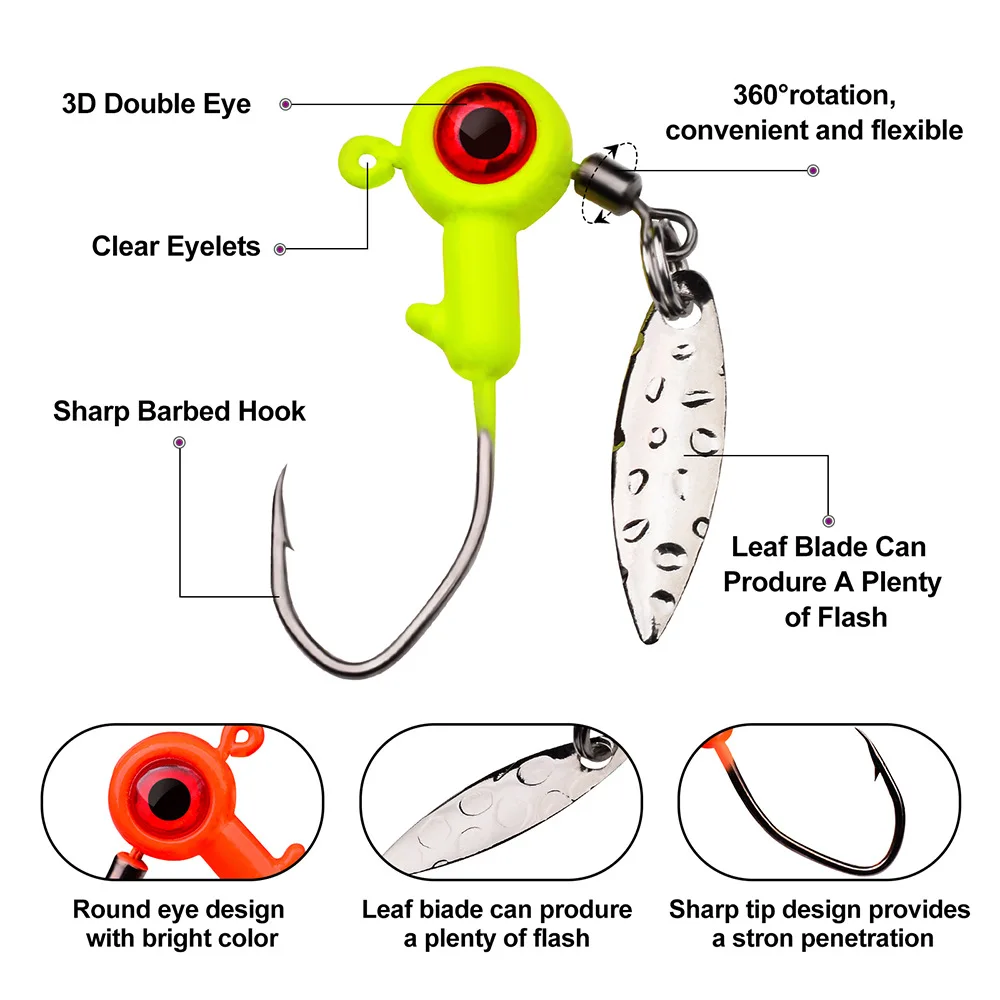 10pcs Weights Jig Head Fishing Hook with Spinner Spoon Mini Ice Barbed Jigging Single Fishhooks for Bass Trout Soft Lure Worm
