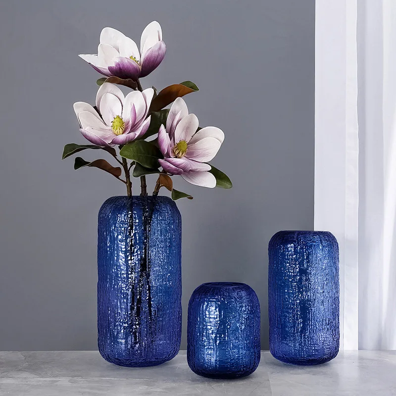 Blue Glass Vase Living Room Hydroponics Large Diameter Flower Ware Countertop TV Cabinet Sales Office Model Room Ornament