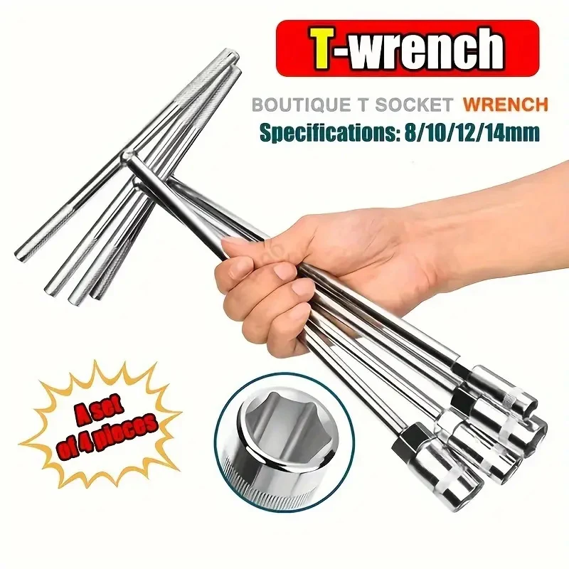 4pcs set of chrome vanadium steel multi piece combination T-shaped socket wrench for automotive and home maintenance - durabl