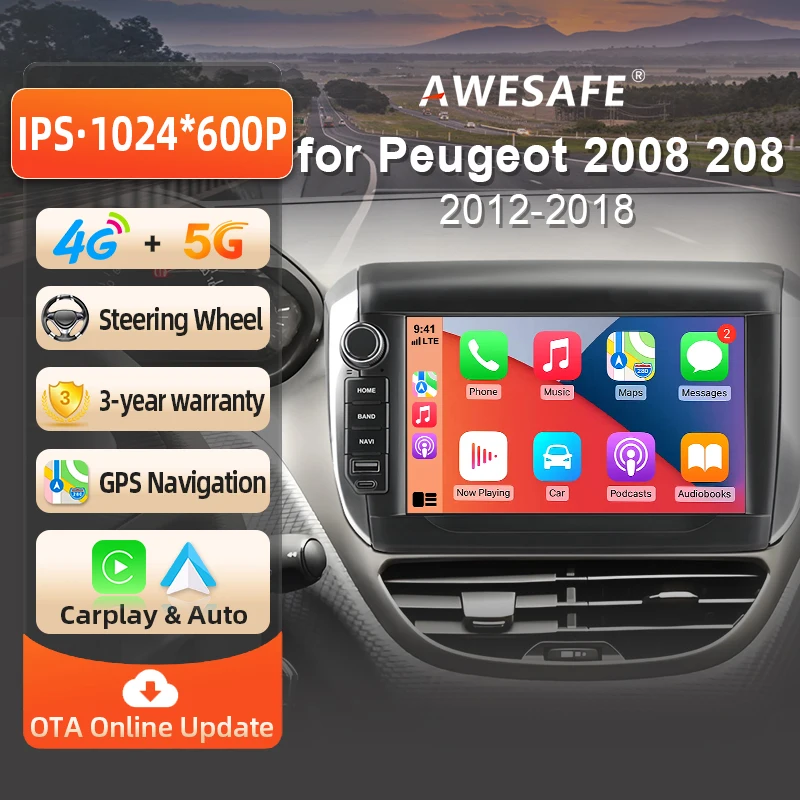 Autoradio sans fil AWESAFE CarPlay pour Peugeot 2008 208 2012 2013 2014 2015 2016 2017 2018 avec Android Auto, navigation GPS, système intelligent, RDS, DSP, FM