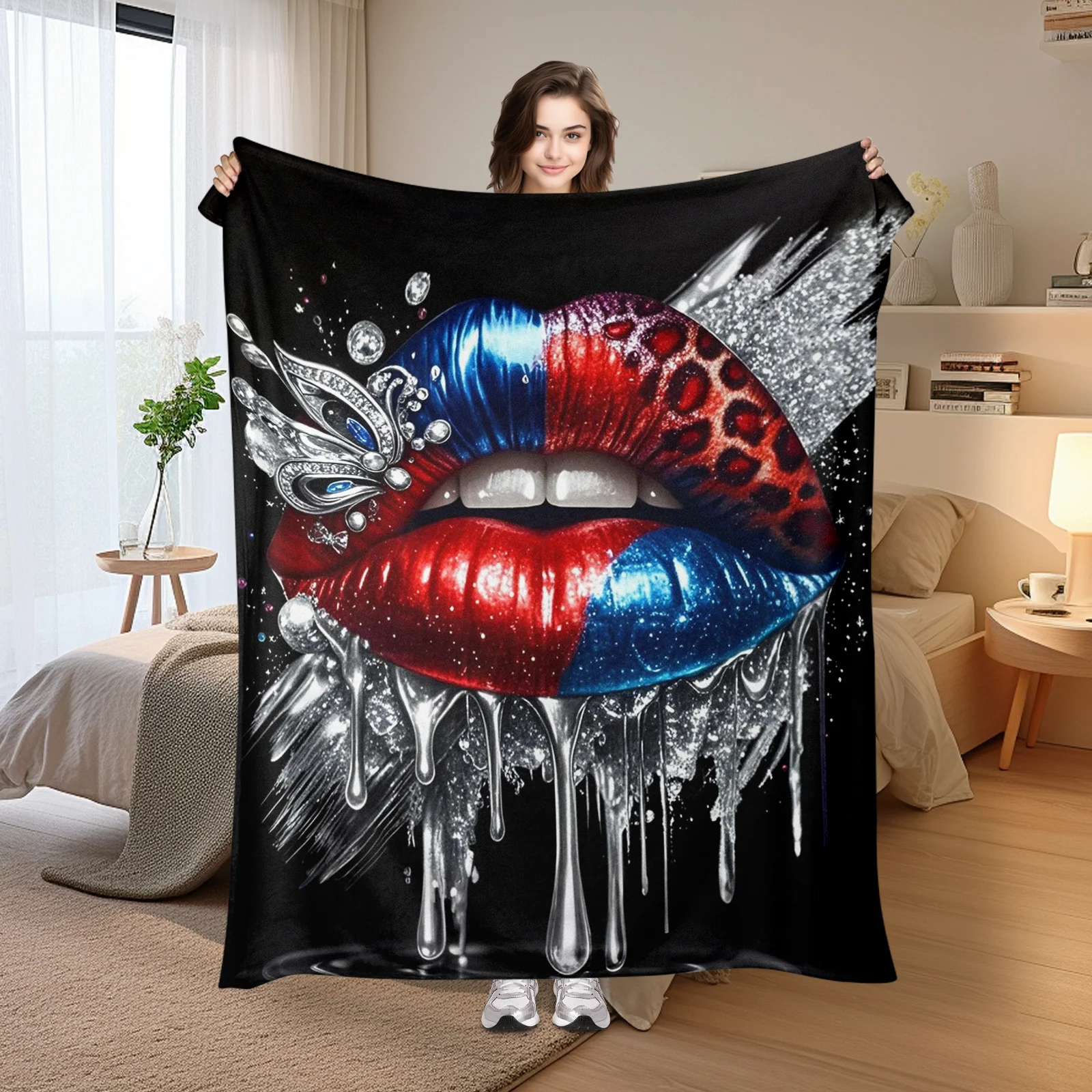 Red Blue Lips Silver Accent Elegant Style Plush Throw Blanket For Glamorous Home Decor And Cozy Comfort