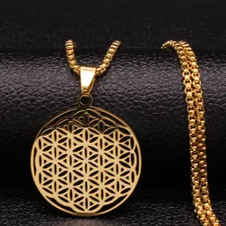 Flower of Life Stainless Steel Long Necklace for Women Men Gold Color Mandala Metatron Necklaces Jewelry collares para mujer