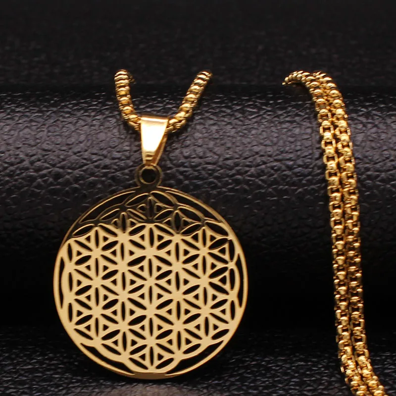 Flower of Life Stainless Steel Long Necklace for Women Men Gold Color Mandala Metatron Necklaces Jewelry Collares Para Mujer