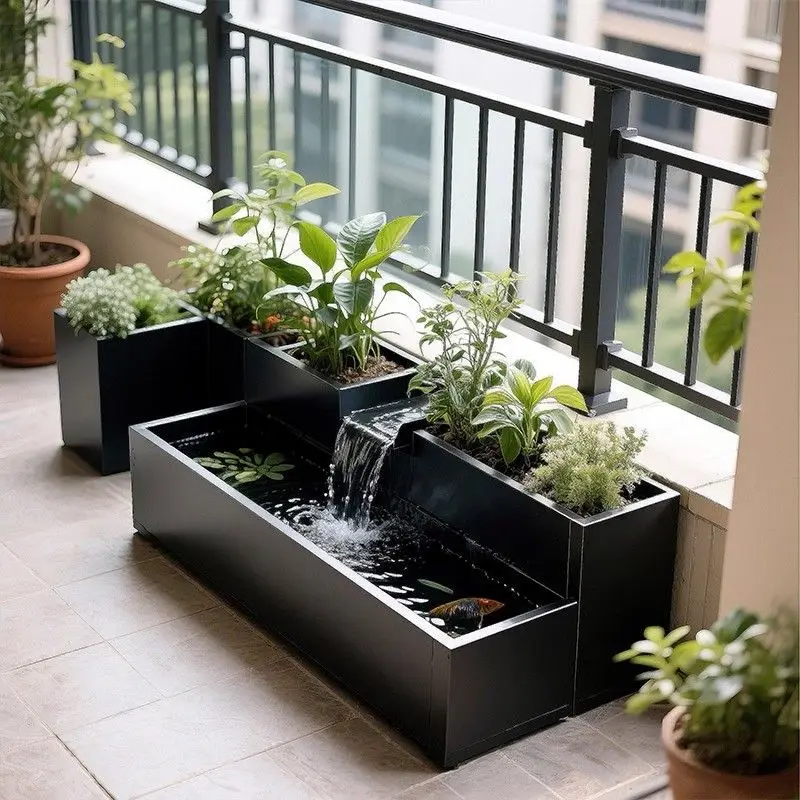 Courtyard stainless steel fish tank flower box outdoor hotel garden forest terrace fountain metal landscape flowing water