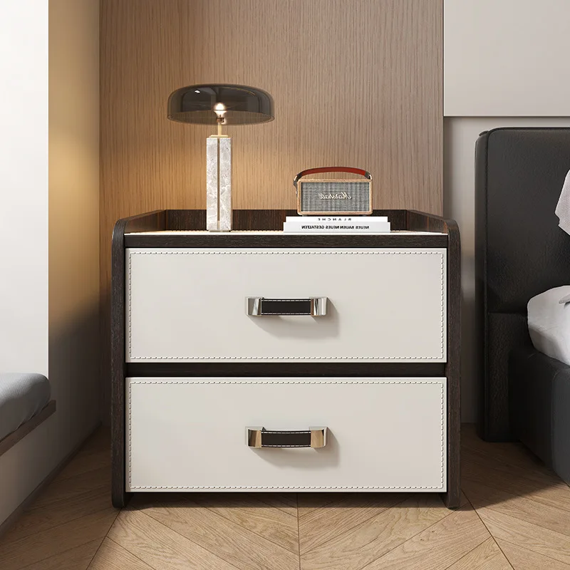 New saddle leather, Italian minimalist bedside cabinet, light luxury