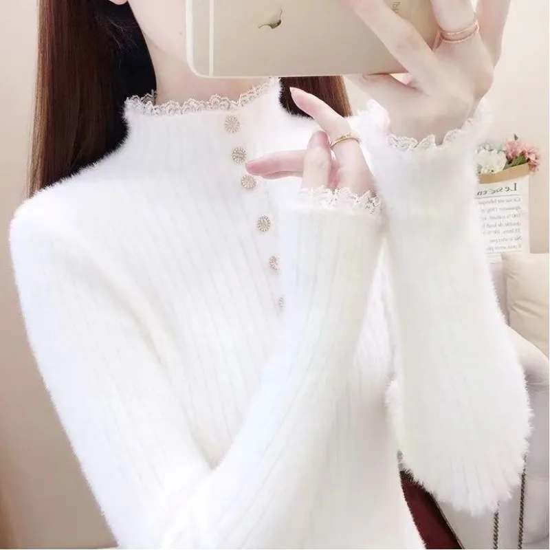 Women's Autumn Winter Solid Turtleneck Screw Thread Flocking Lace Metal Buckle Long Sleeve Sweater Knitted Undershirt Tops