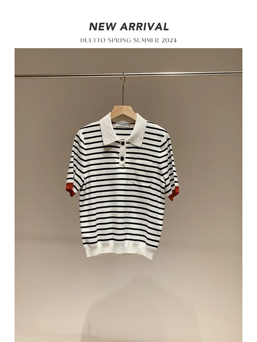 

Женский топ Duetto из чистого хлопка в полоску, вязаный, стандартный крой, для повседневной носки, китайский бренд