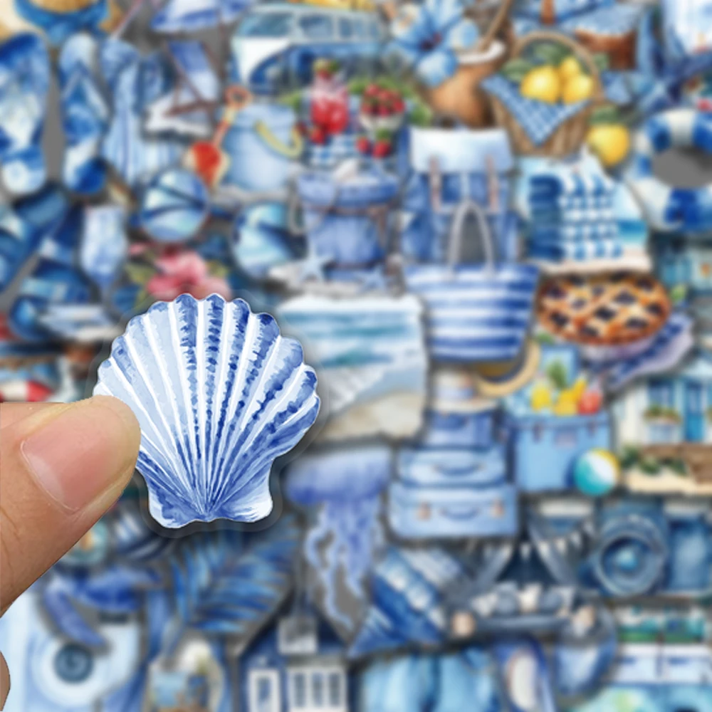 50pcs Summer Beach Blue Stickers DIY Suitcases Water Cups Envelopes Waterproof PET Stickers