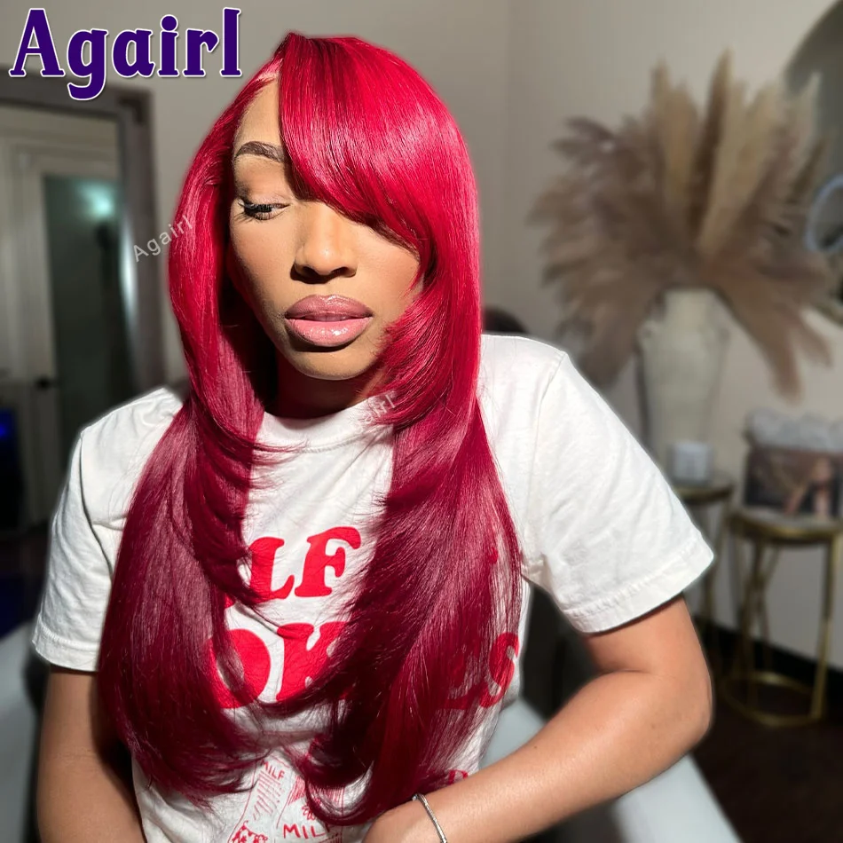 5x5 Lace Closure Wig Cherry Red Colored Wig Straight Hairstyle 13x6 13X4 Lace Frontal Human Hair Wigs Remy Pre-Plucked for Women