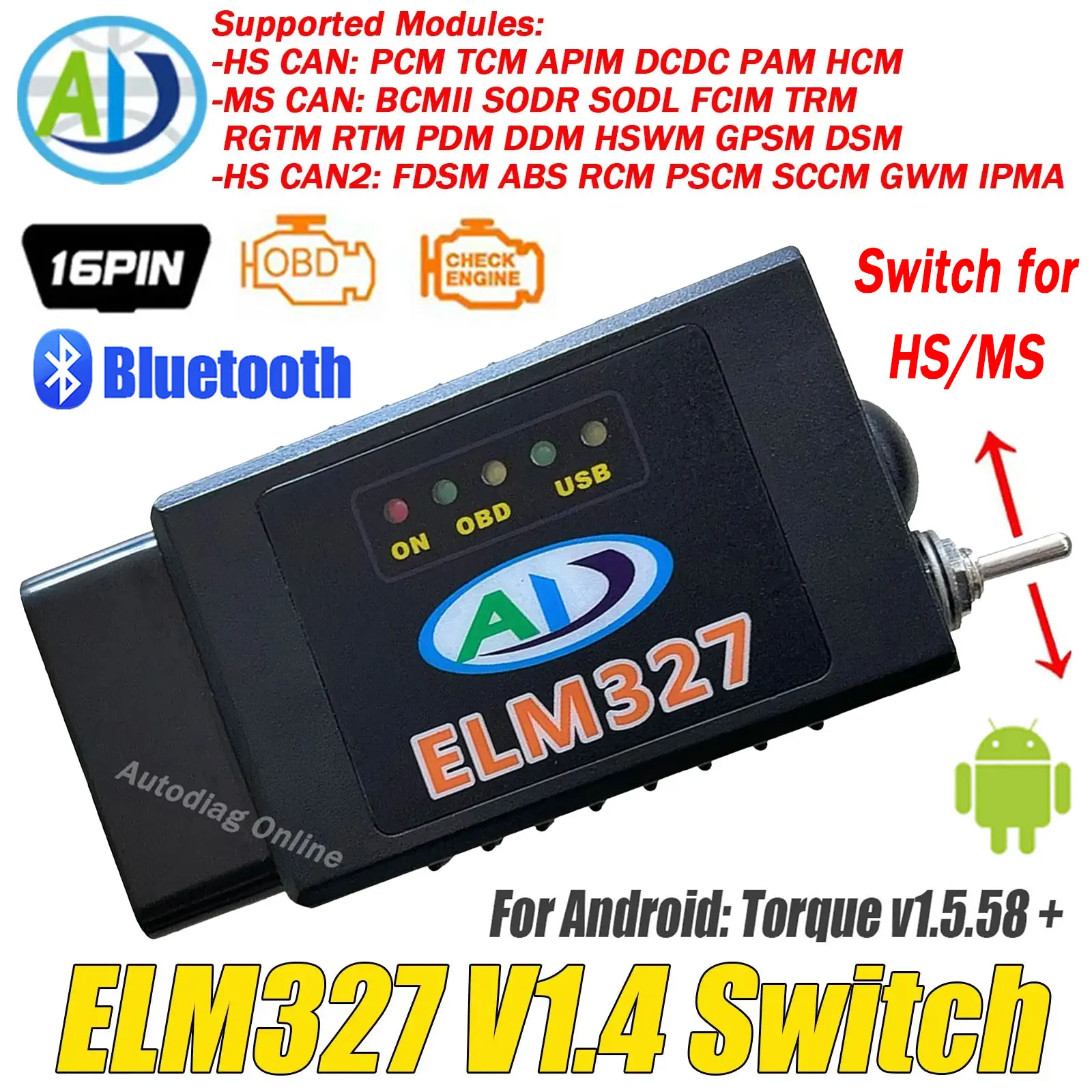 

ELM327 V1.4 PIC18F25K80 FTDI FT232RL For Ford FORScan OBD2 Bluetooth Scanner Switch for HS CAN /MS CAN ELM327 Diagnostic Tool
