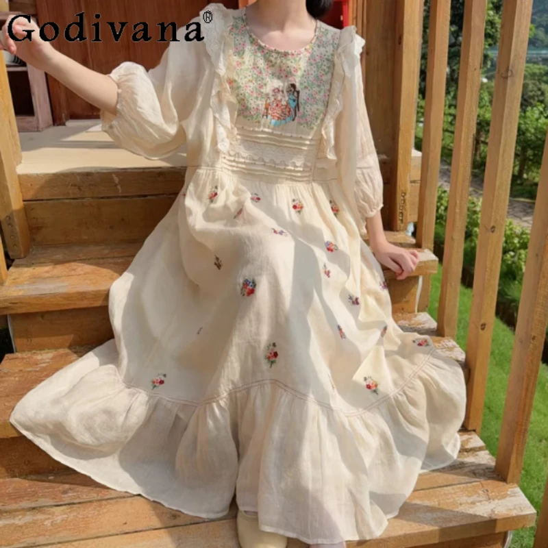 

Spring New Embroidered High Waist A-line Loose Dress Fashion Age Reduction Girl Crew Neck Three-quarter Sleeve Apricot Dresses