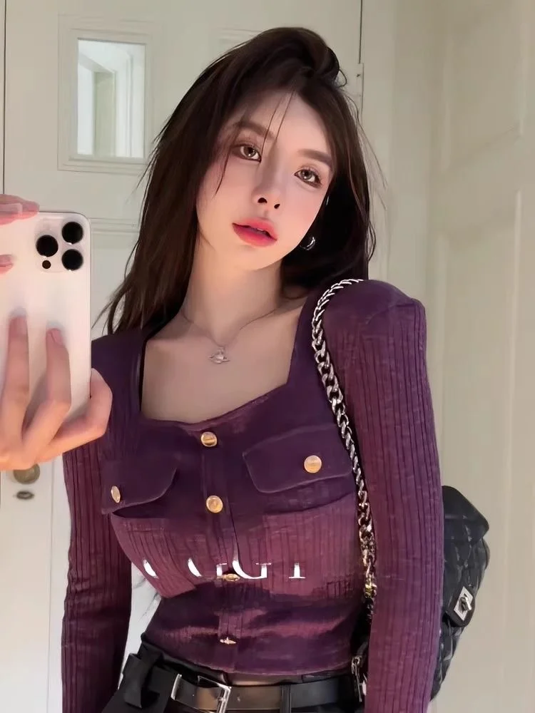 

Женская трикотажная базовая кофта с длинным рукавом, приталенная, с квадратным вырезом, для повседневной носки, осенне-зимняя, новая модная модель