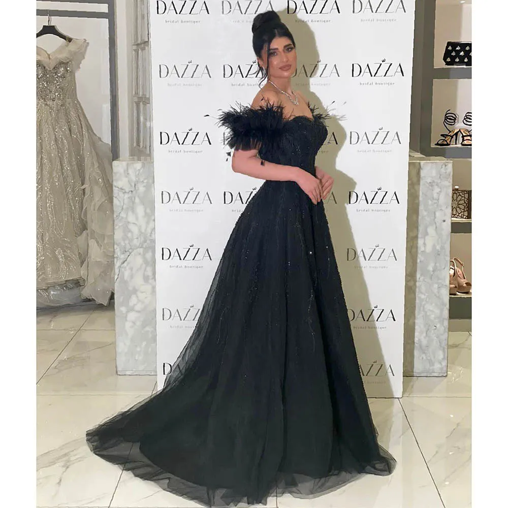 Luxury Beading A-Line Prom Dress Fashion Off the Shoulder Feather Tassel Floor Length Party Gowns Chic Sweep Train Evening Dress image 4