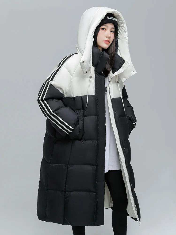 Women\'s Down Jacket 2023 Winter Korean Color Blocking Hooded Long Coats Warm White Duck Down Parker Fashion Jackets for Women