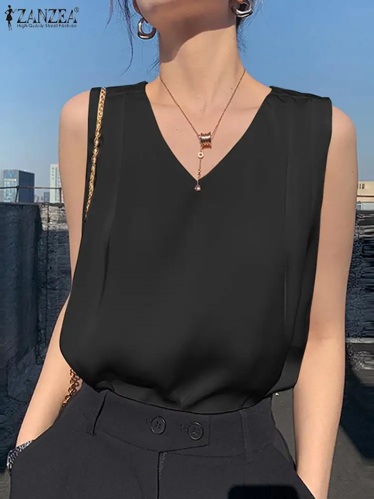 ZANZEA Women Sleeveless OL Elegant Blouse Party Satin Vest Tops Cami Summer Solid V Neck Work Shirt Female Pleated Tanks Top