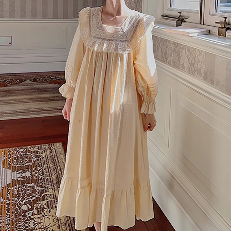 Women Pure Cotton French Fairy Pajama Nightdress Vintage Princess Nightgowns Loose Long Sleeve Spring Autumn Victorian Sleepwear