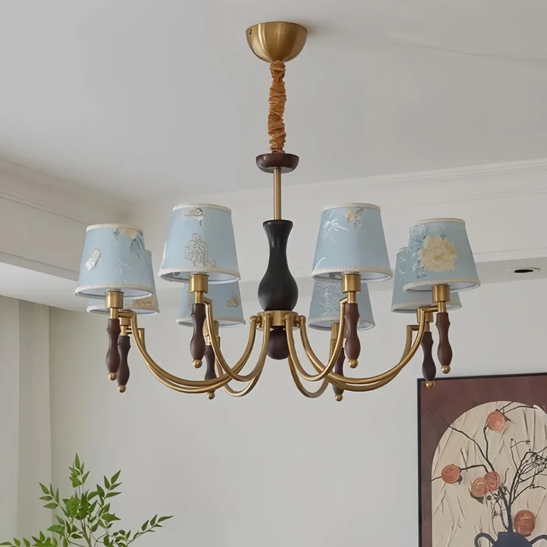 French Country Multi Head Pendant Light, Modern Blue Fabric Lampshade Solid Wood E14  LED Lamp for Bedroom Kitchen Dining Room