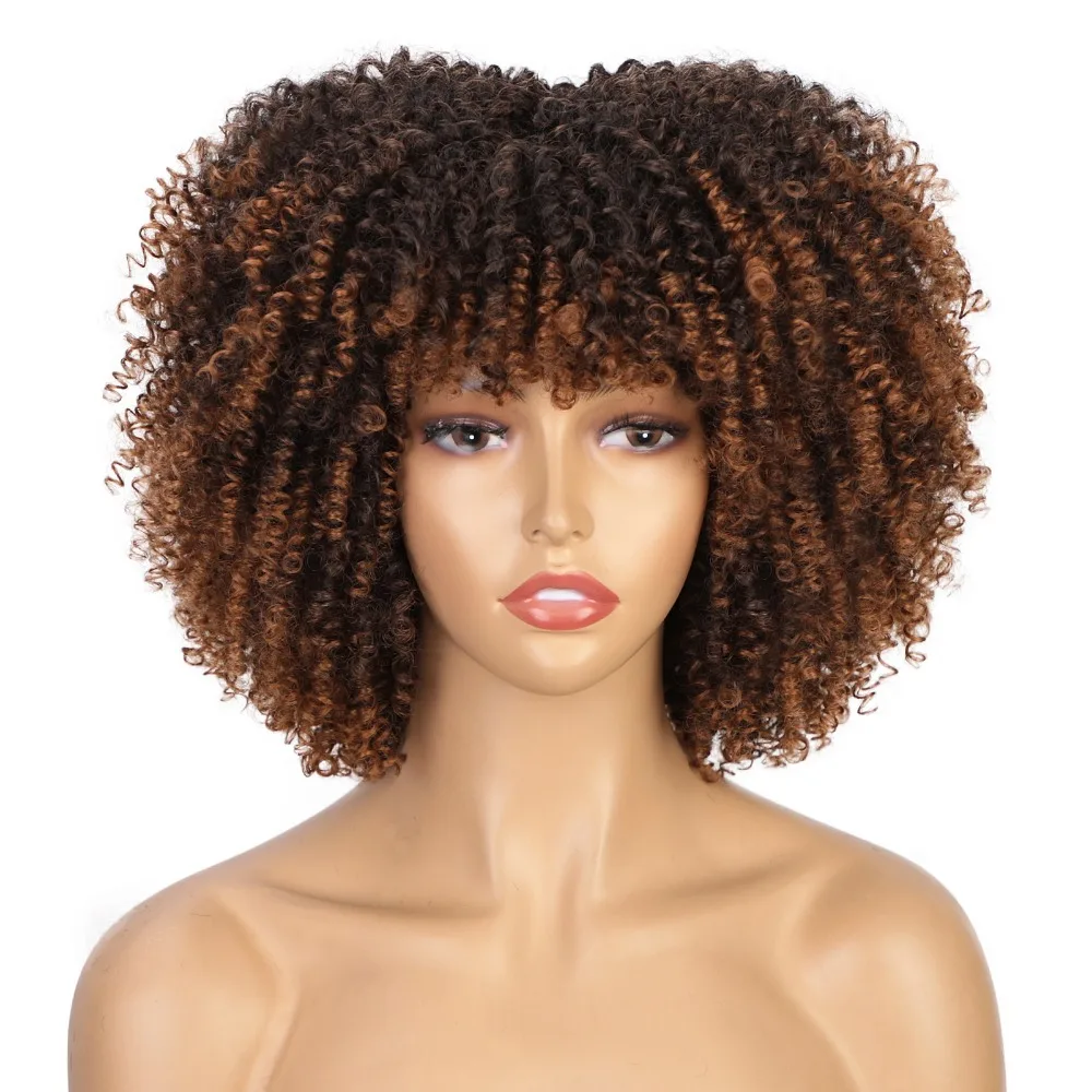 Afro Bomb Curly Wigs for Black Women Short Afro Kinky Curly Wig with Bangs 12inch Ombre Brown Full Curly Wig