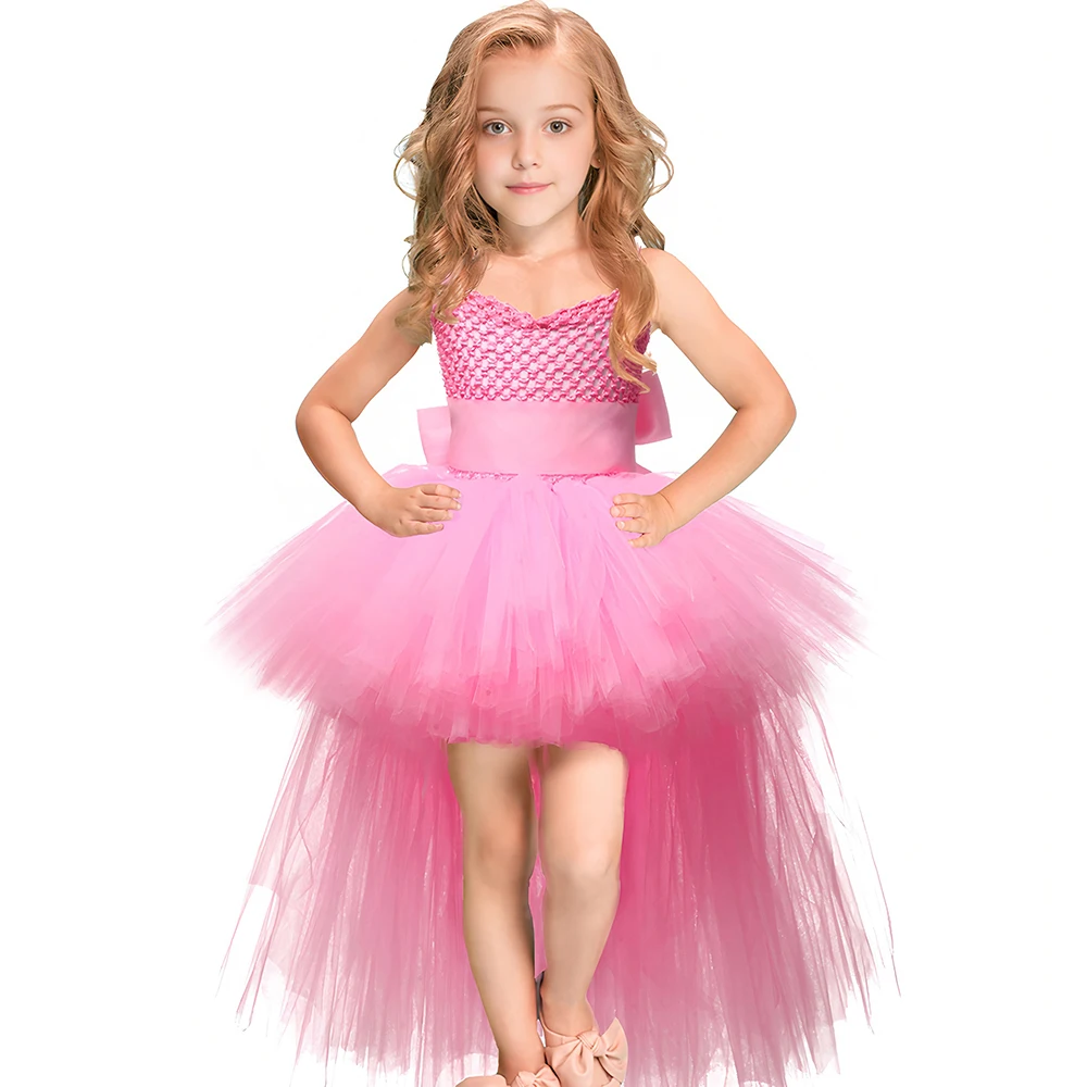 Pink White Black Girls Tutu Dress Tulle V-neck Train Girl Evening Birthday Party Dress Ball Gown Toddler Kids Halloween Costumes