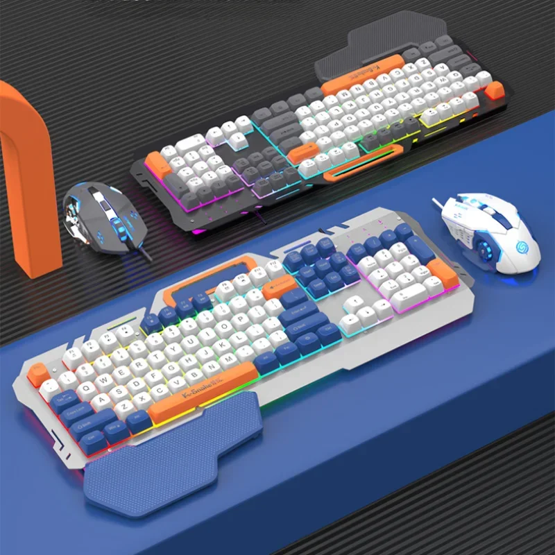 

Cool Backlit Mechanical Keyboards 104 Keys Wired Keyboard Mouse Set with Hand Rest Metal Panel Usb Computer Game Laptop Claviers