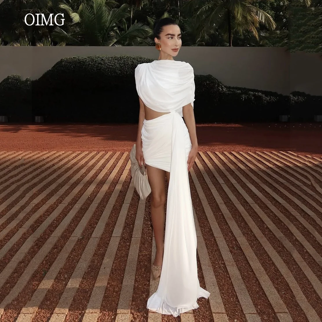 OIMG Simple Ivory Short Wedding Dress Cap Sleeves With Tail Bride Dresses Backless Wedding Gowns vestidos de novia Customized