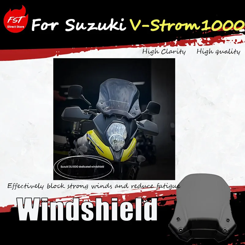 For Suzuki V-Strom 1000, a motorcycle with an upgraded front windshield accessory and a reinforced windscreen panel.